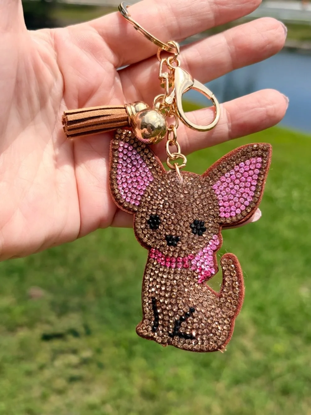 Crystal Chihuahua Keychain in Brown and Pink